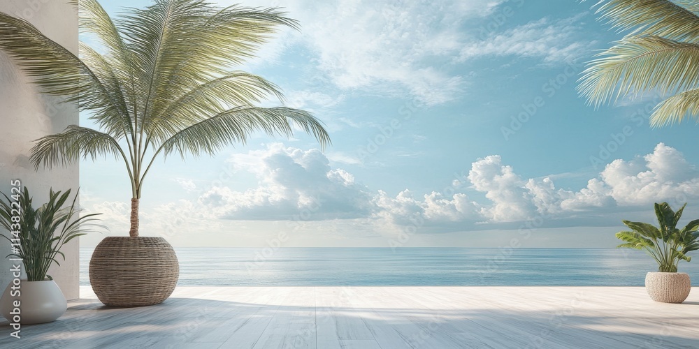 Aufkleber palm tree and ocean view create a minimal floral botanical aesthetic for a travel themed wallpaper. 