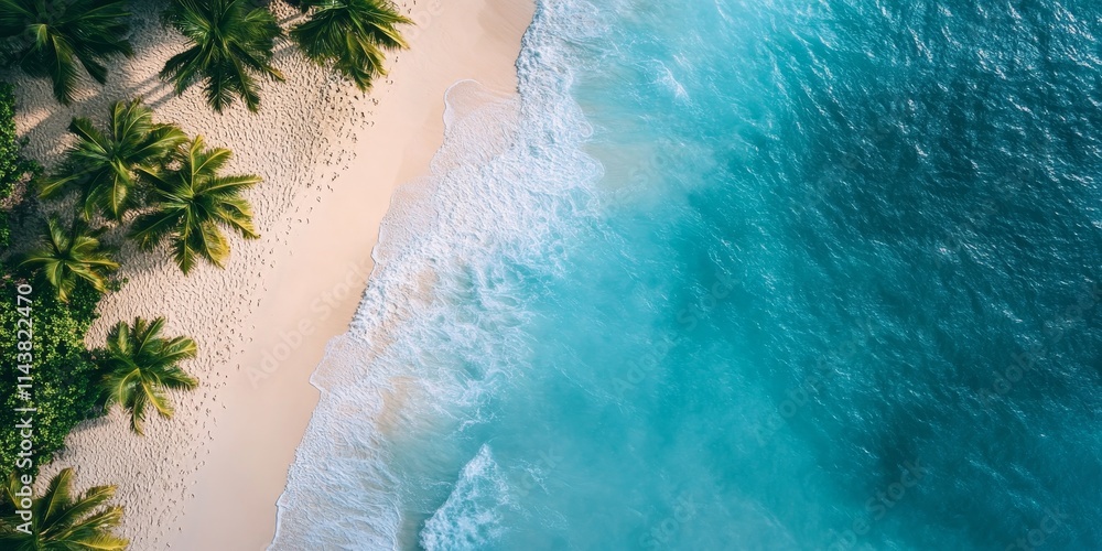 Poster top view of a tropical beach displaying a stunning blue sky, perfect for creating a serene backgroun