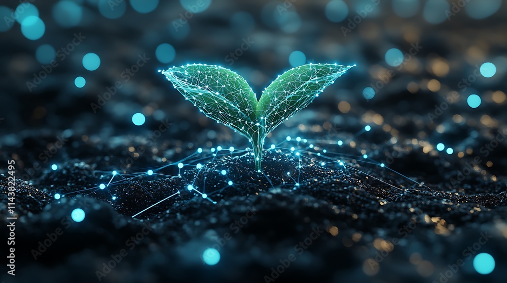 Poster digital representation of seedling with network connections growing in dark soil environment