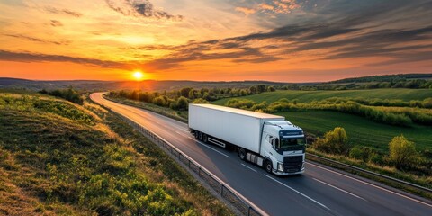 Obraz premium A large white truck along with a trailer moves on a countryside road, creating a picturesque scene against a sunset sky, perfect for showcasing themes of travel and adventure.