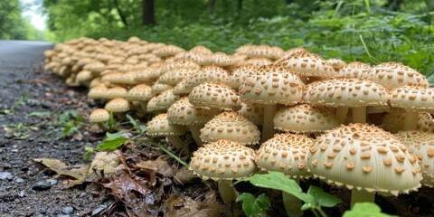 Penny bun mushrooms thrive along the roadside in a wooded area, showcasing their natural beauty. This penny bun is a delightful sight for mushroom enthusiasts and nature lovers alike.