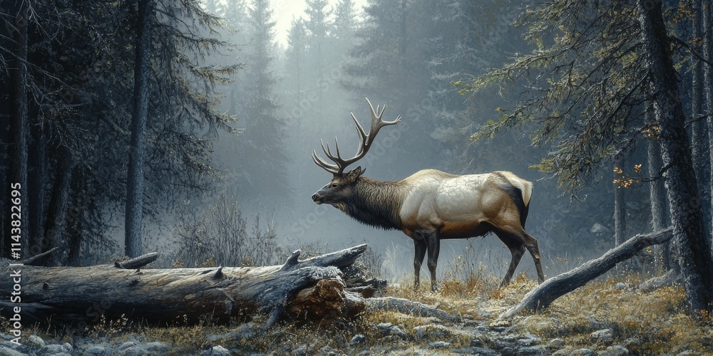 Aufkleber elk in a forest setting by a fallen tree presents a captivating scene. the elk stands majestically i