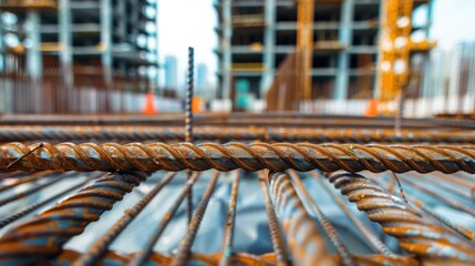 Reinforcement bars for construction in front of a building, orderly and industrial scene, natural daylight, 24-70mm focal length.