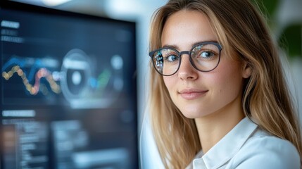 Confident and focused young businesswoman in glasses analyzing financial market charts and investment trends on computer screen in modern office environment  Concept of financial analytics