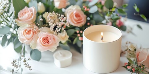 Fototapeta premium Gift concept featuring an original candle crafted from natural soy wax and complemented by a beautiful bouquet of flowers, ideal for unique gift ideas and creative gift concepts.