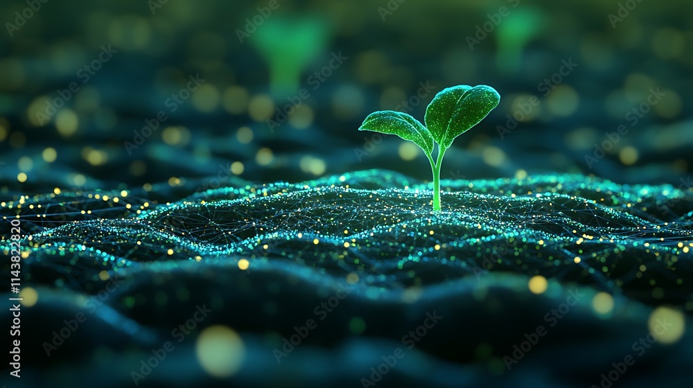 Poster digital visualization of a single green seedling growing over a network of glowing particles