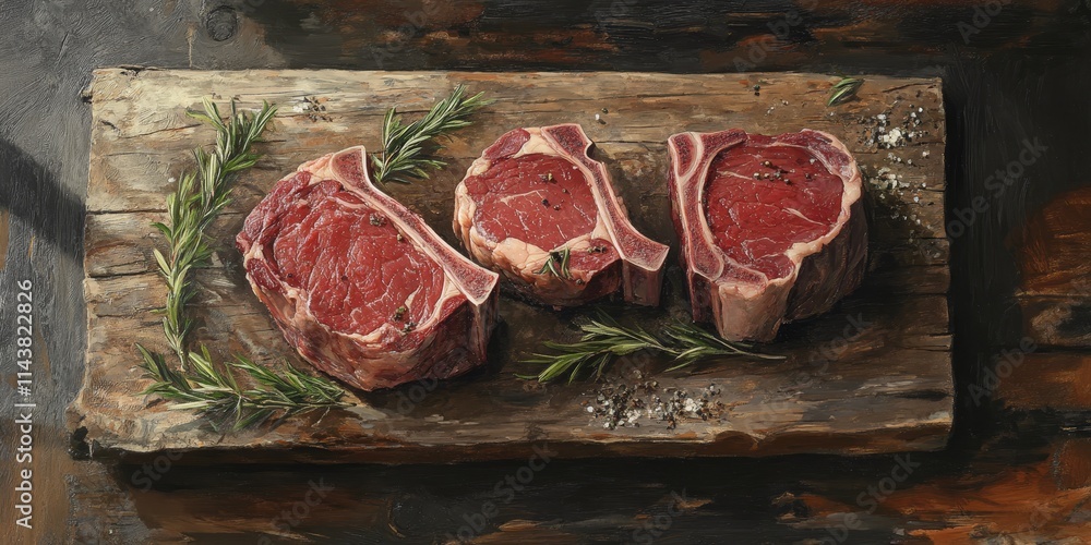 Poster savory beef steaks displayed on rustic wood offer a mouthwatering visual appeal. these delicious bee