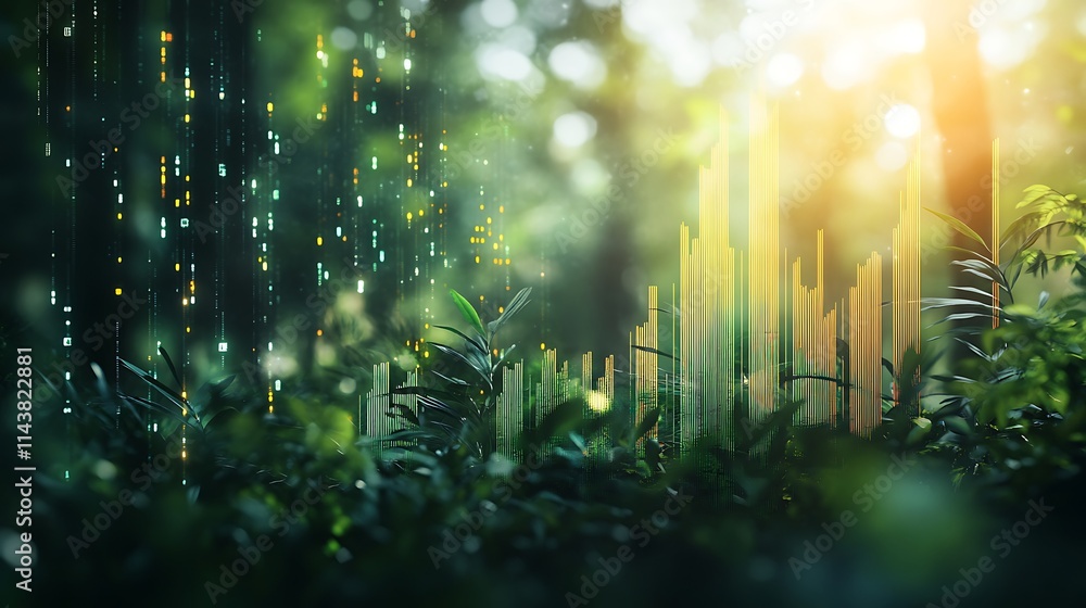 Poster digital visualization of data growth surrounded by lush green forest environment and light effects
