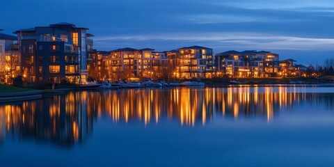 Obraz premium The vibrant lights of stylish condos create a stunning reflection on the serene waters of a tranquil lake, showcasing the beauty of modern living by the water in a picturesque setting.