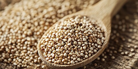 Fototapeta premium Quinoa seeds are beautifully displayed on a wooden spoon, showcasing the rich texture and natural appeal of quinoa seeds, perfect for health conscious culinary creations and recipes featuring quinoa