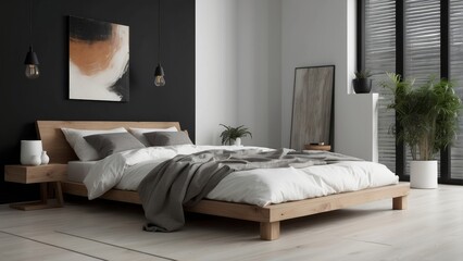 Modern minimalist bedroom with wooden bed and artwork