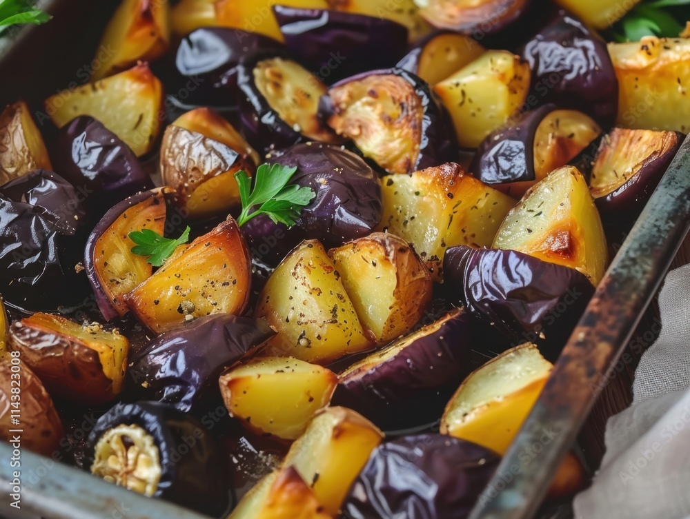 Wall mural Roasted potatoes and eggplants in a metal baking tray, highlighting the homemade and appetizing nature of the dish. Natural lighting.