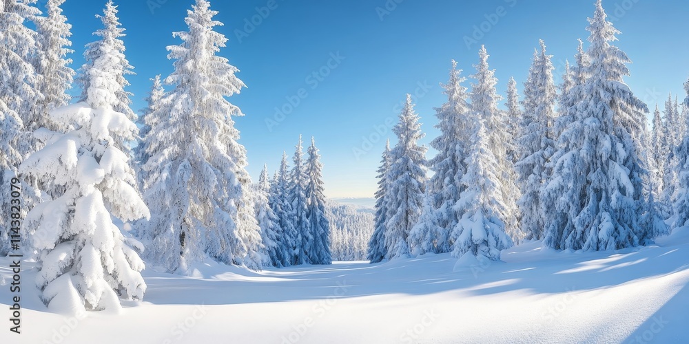 Aufkleber Snowy trees showcased against a backdrop of clear weather create a stunning scene. The sight of snowy trees in such bright conditions highlights their beauty and tranquil nature.