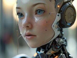 Fototapeta premium Robot girl with human-like features, close-up shot capturing the intricate details and lifelike expression, soft ambient lighting.
