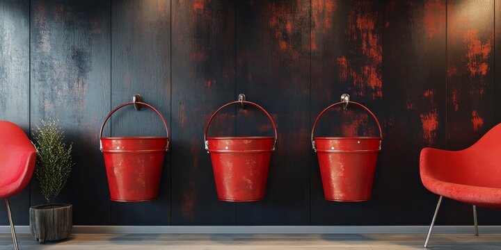 Three fire buckets are elegantly arranged and hanging on a wall, providing a practical solution for fire safety while adding a distinct visual appeal to the space with their classic design.
