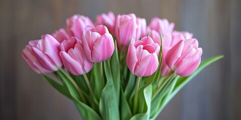 Fototapeta premium Elegant bouquet of vibrant pink tulips arranged in a vase, showcasing the beauty of pink tulips and adding a touch of charm to any setting with these lovely pink tulips.