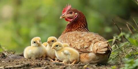 Mother hen caring for her chicks showcases the nurturing behavior of a mother hen. The protective instincts of the mother hen highlight her role in safeguarding her chicks in their environment.