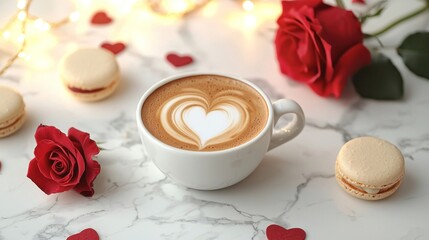 Modern Cafe Scene with Heart-Shaped Latte and Romantic Details