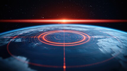 A stunning view of Earth from space, highlighted by a glowing horizon and concentric circles, evoking a sense of wonder and cosmic beauty.