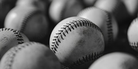 Close up of baseballs showcasing depth of field, with additional baseballs blurred in the background. This black and white baseball concept emphasizes the beauty of baseballs.