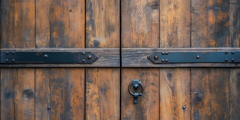 Close up front view of a vintage wooden large double barn door showcasing its metallic handle and bolts, highlighting the rustic charm of the vintage barn door design.