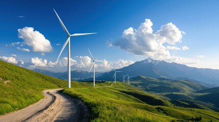 Windmills generating renewable energy in a picturesque mountainous landscape with rolling green hills fluffy white clouds and a bright blue sky
