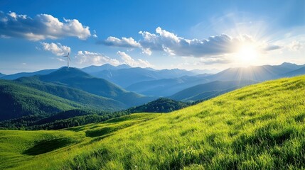 Obraz premium Stunning panoramic view of a lush green meadow nestled between majestic mountains with a vibrant blue sky and sun shining brightly over the picturesque scene