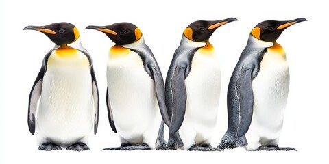Obraz premium Emperor penguins displayed against a pure white background, showcasing the distinct features of these fascinating emperor penguins in a striking isolated presentation.