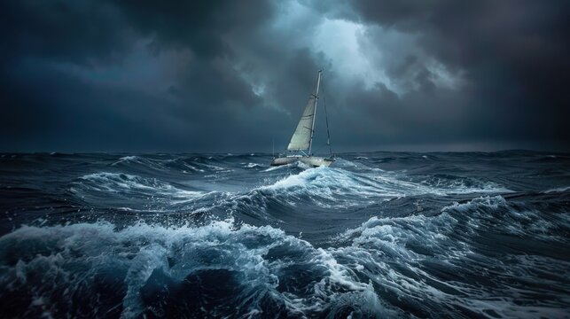 Sailboat navigating stormy seas at dusk, wide shot capturing the drama of the waves and the darkening sky, low light conditions.
