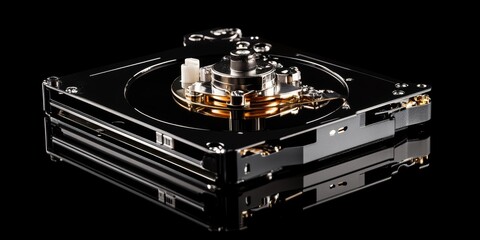 Disassembled hard drive components showcasing a hard drive HDD with mirror effects. Opened HDD from a computer demonstrates intricate parts within, revealing the inner workings of a hard disk.