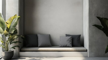 Minimalist sunlit alcove with beige cushions, grey pillows, and potted plants.