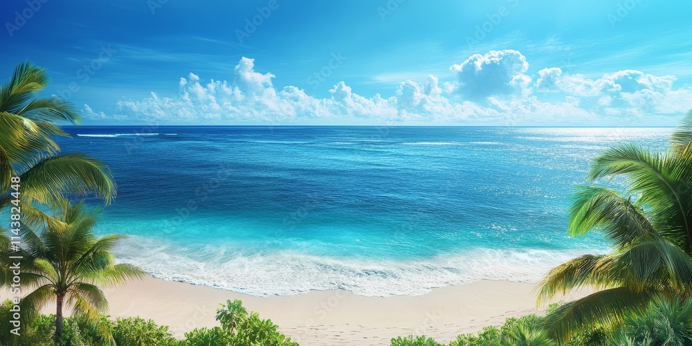 Poster top view of a tropical beach displaying a stunning blue sky, perfect for creating a serene backgroun