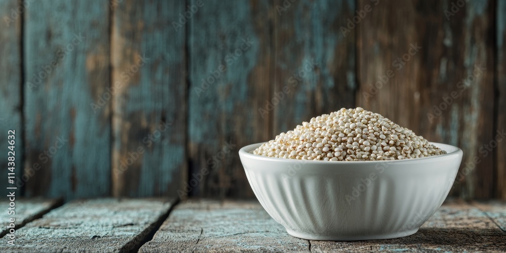 Poster white quinoa grain in a white bowl is beautifully displayed over a rustic wooden background, highlig