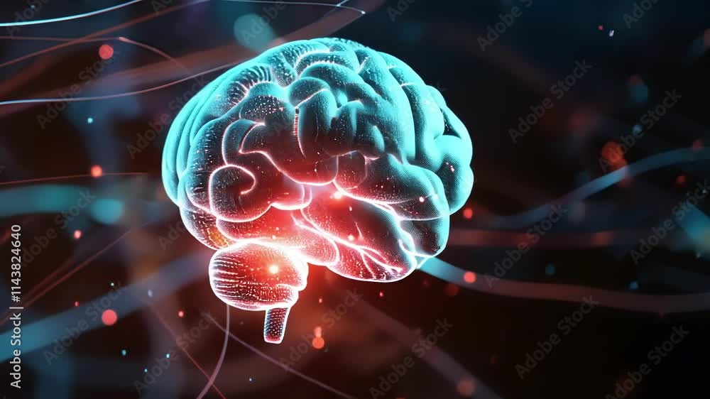Poster glowing digital brain is processing big data, visualized by flowing lines of information, symbolizin