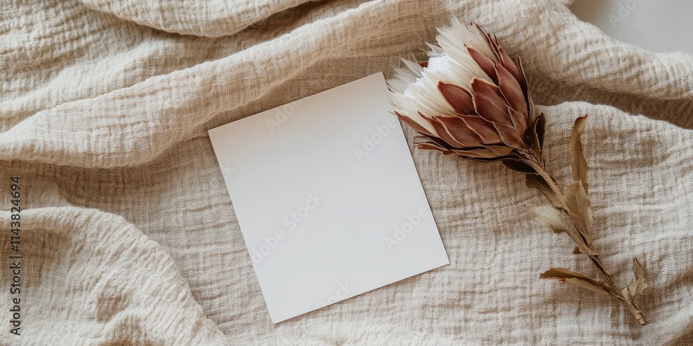 Poster blank paper sheet with mockup copy space and a dried protea flower on a neutral beige linen blanket,