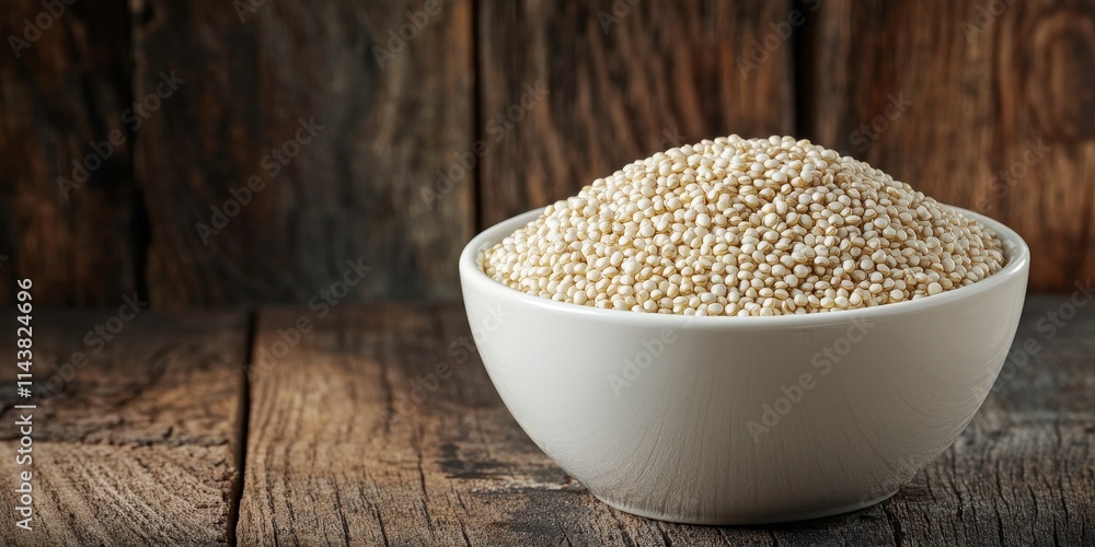 Poster white quinoa grain in a white bowl is beautifully displayed over a rustic wooden background, highlig