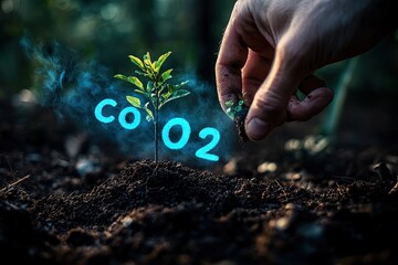 A hand planting a tree sapling in the soil, with faint "CO2" particles in the air above being replaced by vibrant "O2" text.
