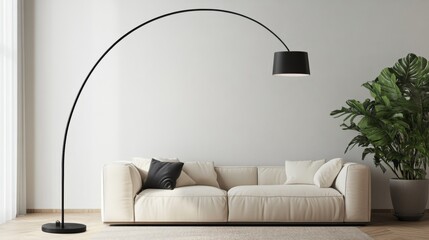 Modern arc floor lamp in living room with sofa.