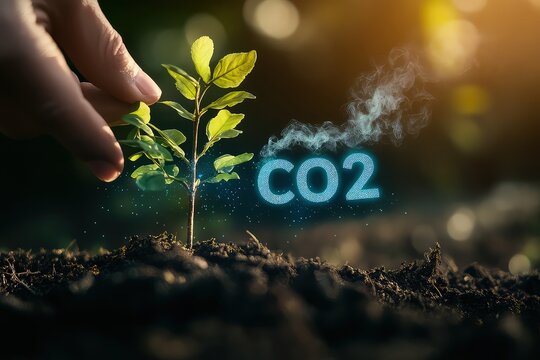 A hand planting a tree sapling in the soil, with faint "CO2" particles in the air above being replaced by vibrant "O2" text.