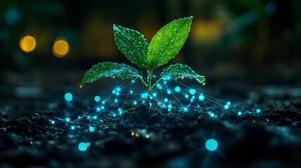 Fresh Green Plant with Water Droplets and Digital Connections in a Lush Environment