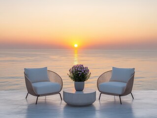 Fototapeta premium Sunrise Serenity Coastal Relaxation Two Chairs and a Table Overlooking the Ocean at Dawn