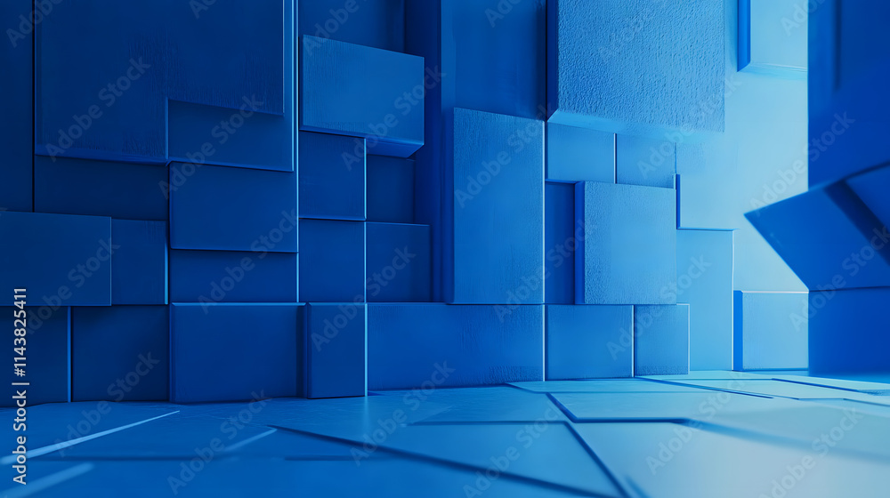 Poster collection of blue 3d blocks form a wall. futuristic background with copy-space.