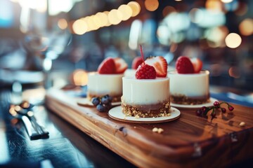 Serving desserts on a wooden board, emphasizing aesthetics and culinary finesse. Bright indoor setting with soft lighting.