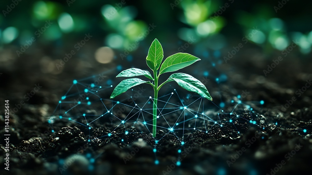 Poster fresh green seedling growing in rich soil surrounded by digital data network visualization