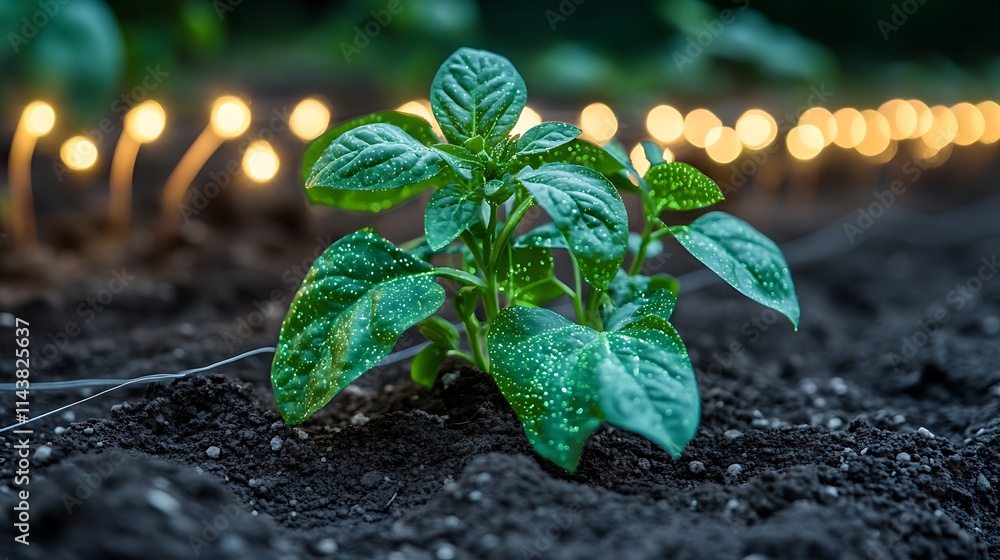 Poster fresh green seedling growing in soil with dew drops and soft glowing string lights background