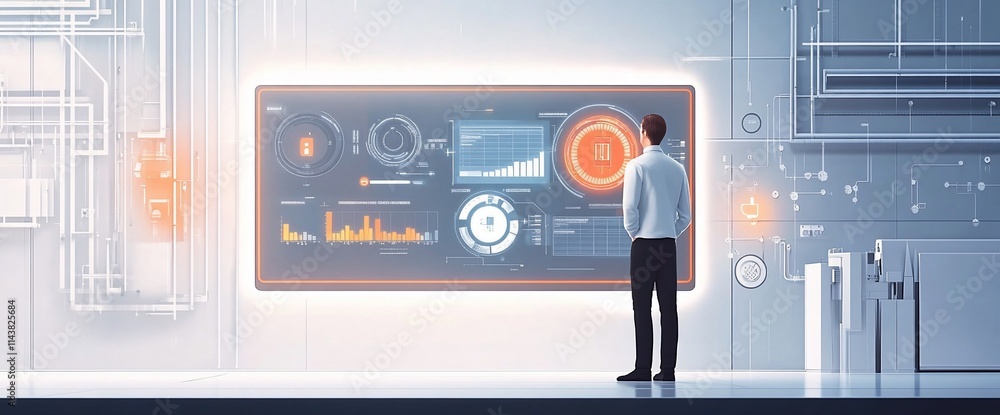 Aufkleber a person analyzes data on a futuristic digital interface in a tech environment.