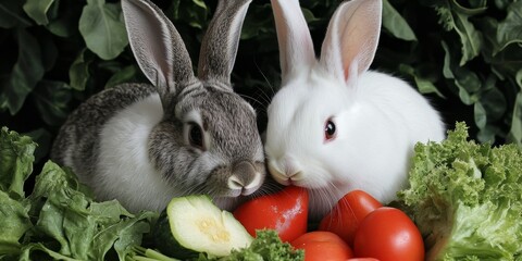 Portrait of two rabbits, one white and one gray, enjoying fresh vegetables. These rabbits are seen together in a peaceful moment, sharing their love for healthy snacks like vegetables.