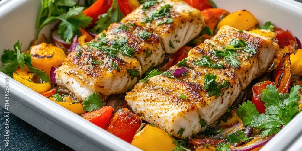 Poster herb infused fried carp slices served with a colorful mix of vegetables in a dish. this dish showcas