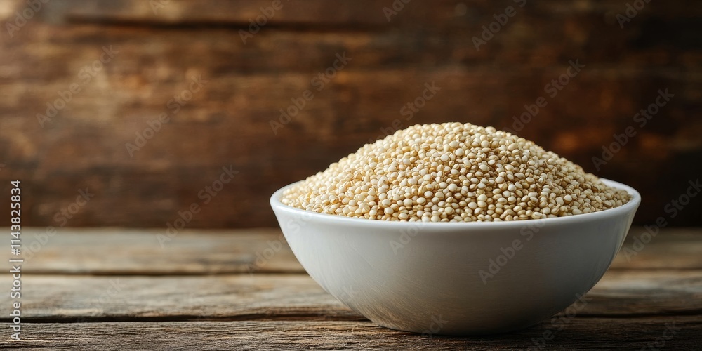 Aufkleber white quinoa grain in a white bowl is beautifully displayed over a rustic wooden background, highlig