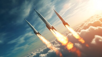 Naklejka premium Three rockets launch into the sky, leaving vibrant trails of flame against a stunning cloud backdrop.
